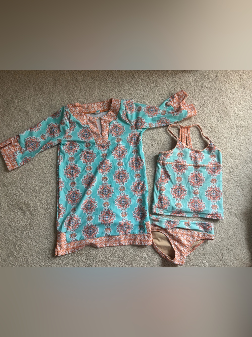 Girl’s Cabana Life Tankini and Cover-up Set Aqua and Coral Patterned